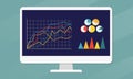 Computer monitor icon in flat style with graph, diagram and charts. PC desktop display. Vector illustration. Royalty Free Stock Photo
